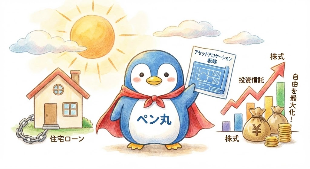 住宅ローンを抱えながら自由を最大化する、個別株60%・投資信託40%のアセットアロケーション戦略を解説するペン丸のイラスト