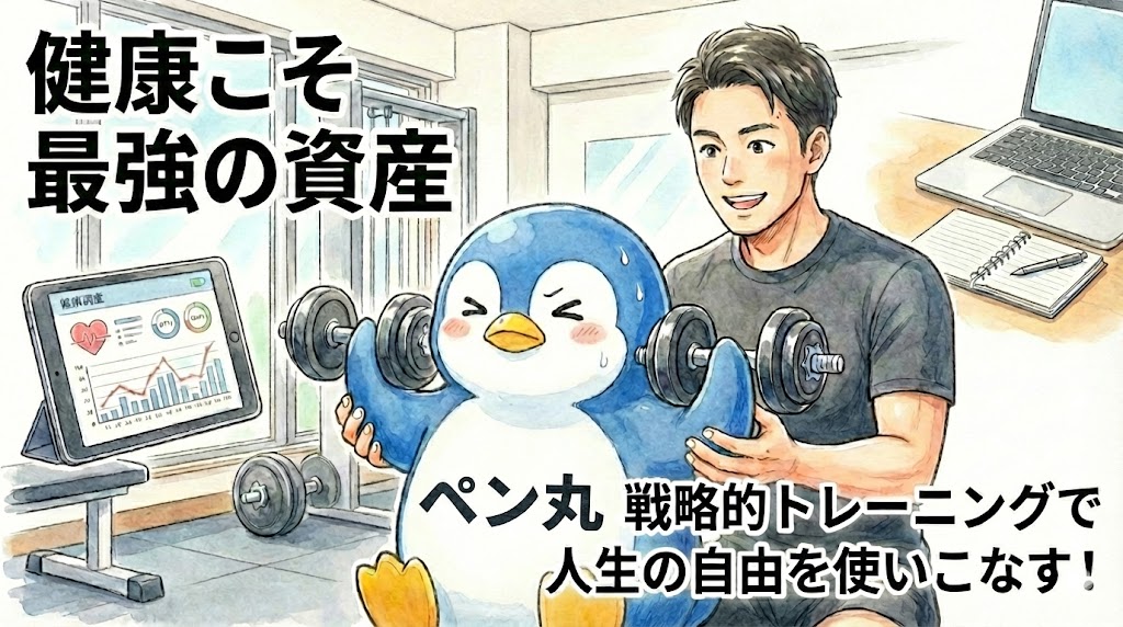 「健康こそ最強の資産」をテーマに、ペン丸がパーソナルジムでトレーナーとトレーニングに励むイラスト。年50万円の健康投資戦略を解説。