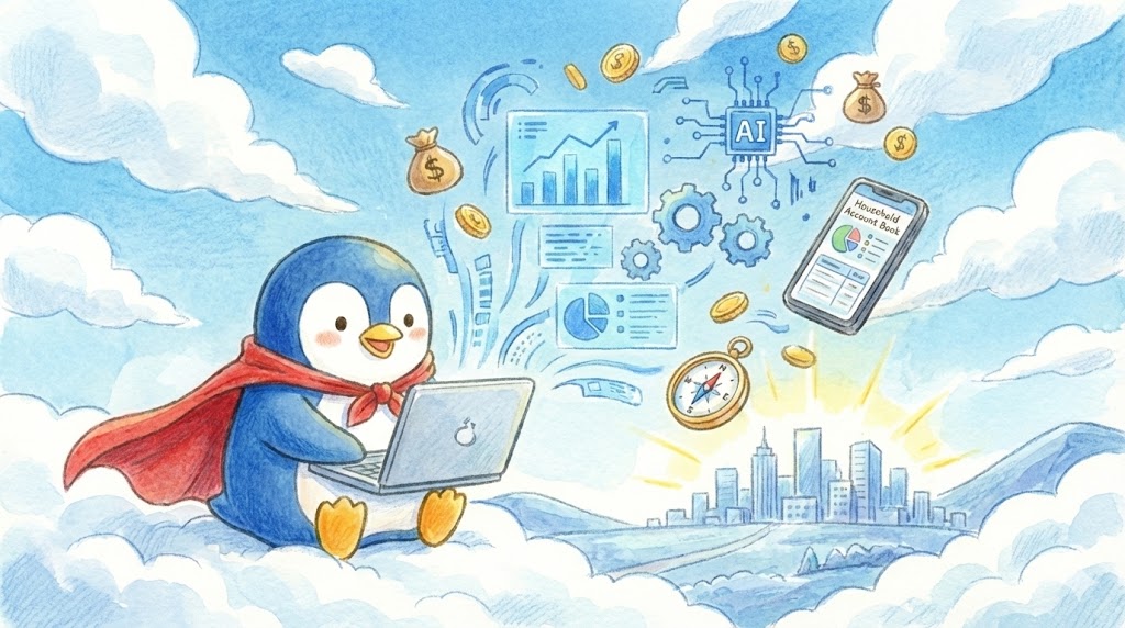 自由を最大化する羅針盤：マネーフォワードMEとAIで描く、攻めの資産管理術の図解とペン丸のイラスト