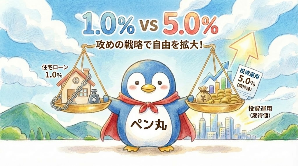 住宅ローンを「あえて返さない」という選択。複利と安心感の天秤の合わせ方の図解とペン丸のイラスト