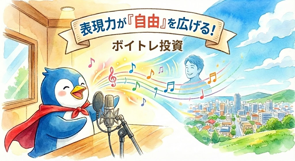 ボイトレに通い始めて気づいたこと。表現力を磨くことが「個人の自由」を拡張する理由の図解とペン丸のイラスト